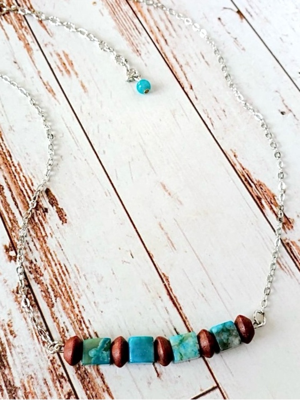 Turquoise Stone & Wood Beaded Necklace